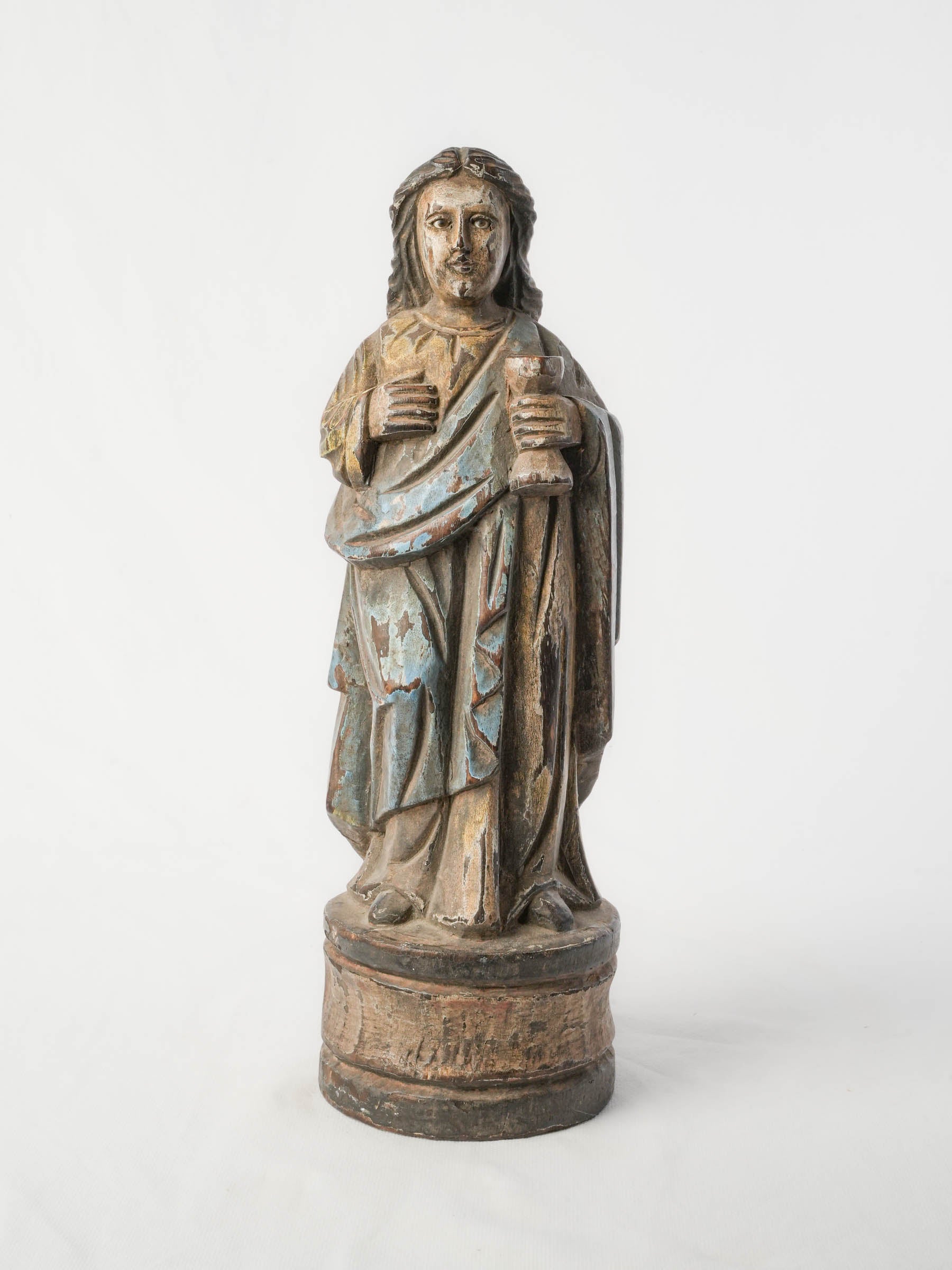 Antique Carved Polychrome Wooden Saint Figure w/ Inset Glass Eyes - 16½"