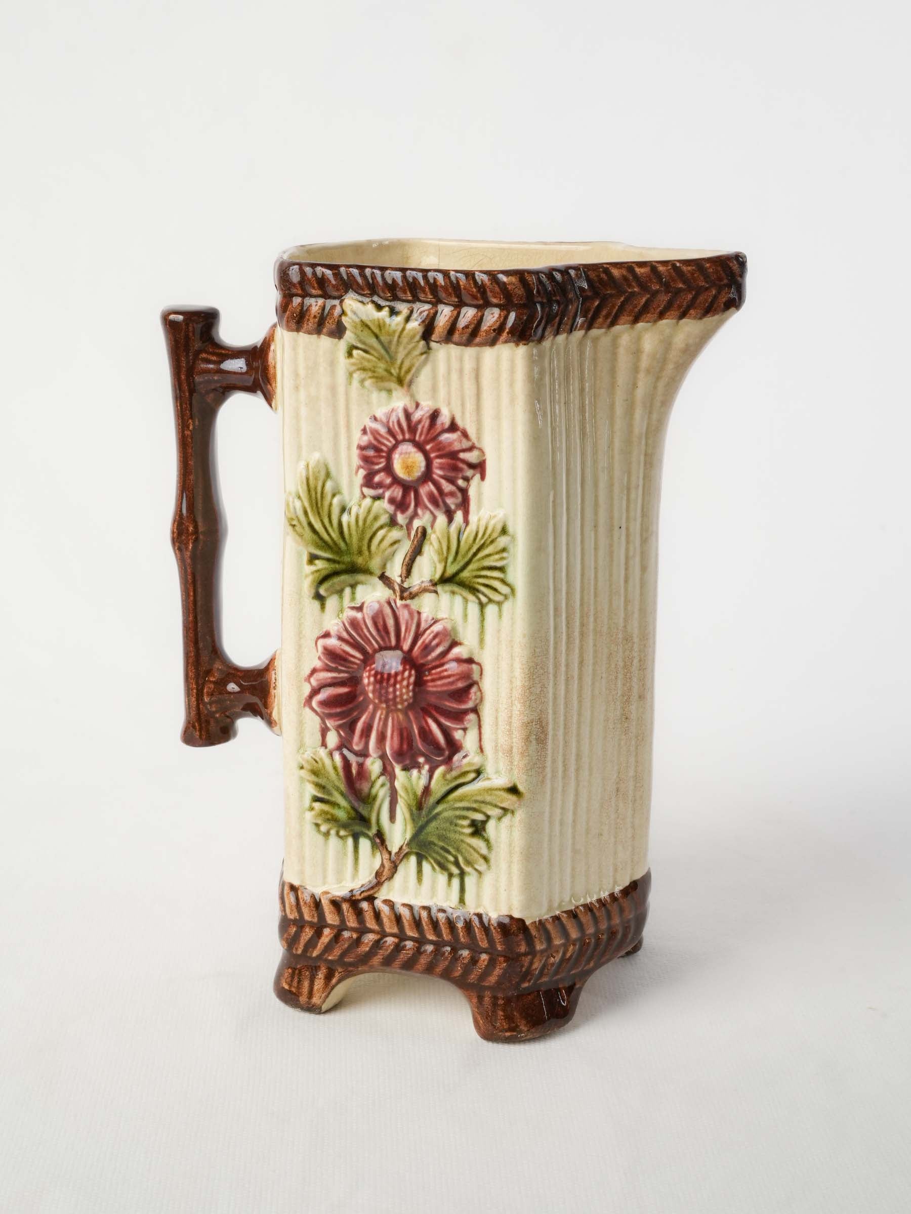 French Art Nouveau Majolica Pitcher w/ Floral Relief, c. 1900 - 8¾"
