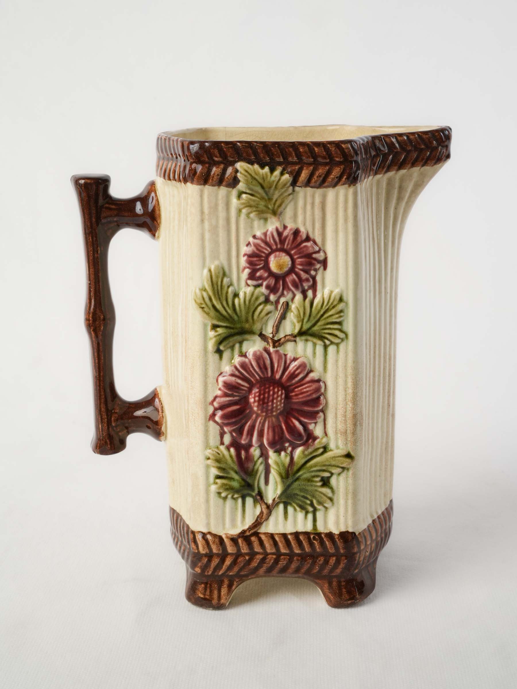 French Art Nouveau Majolica Pitcher w/ Floral Relief, c. 1900 - 8¾"