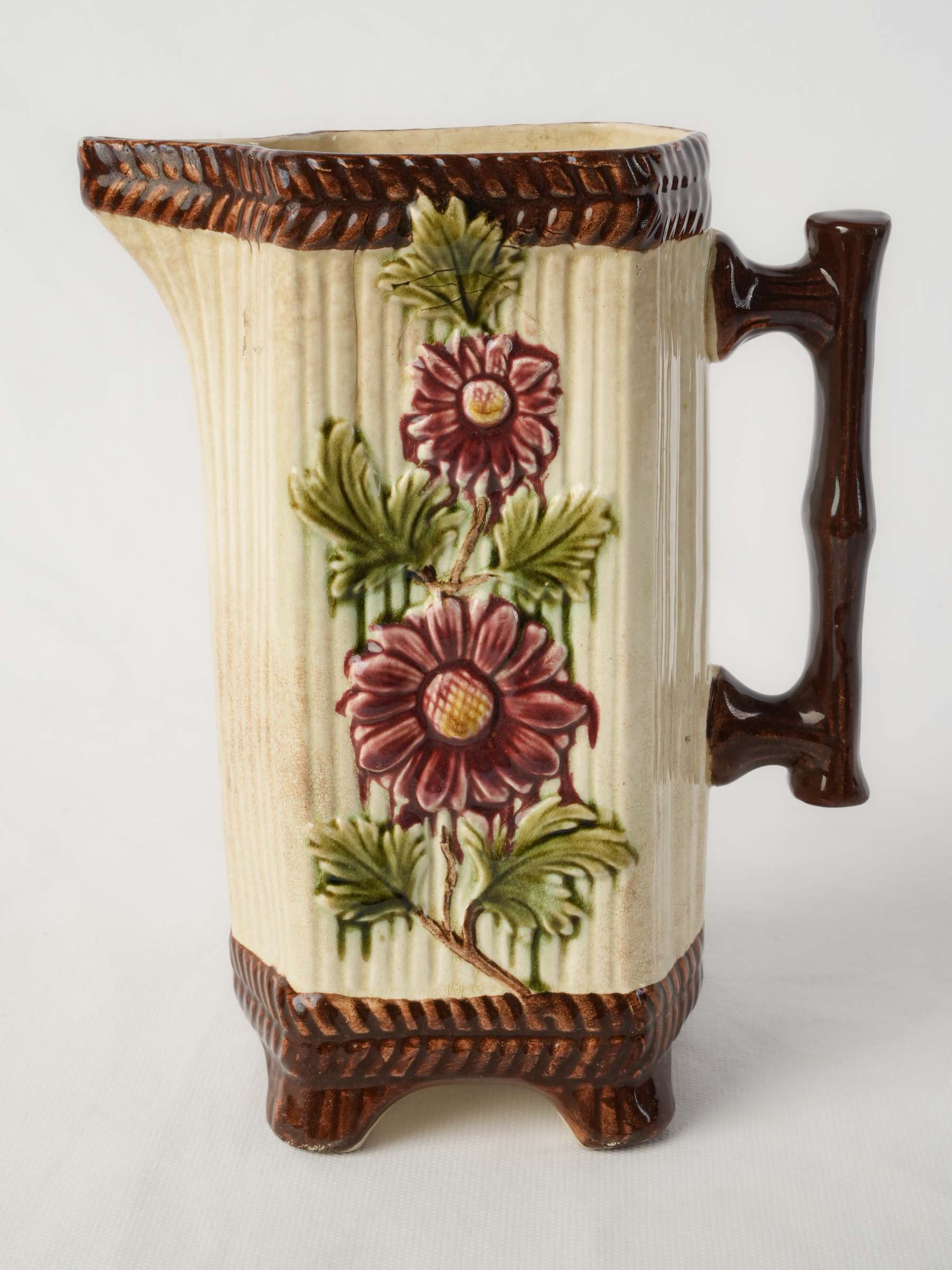 French Art Nouveau Majolica Pitcher w/ Floral Relief, c. 1900 - 8¾"