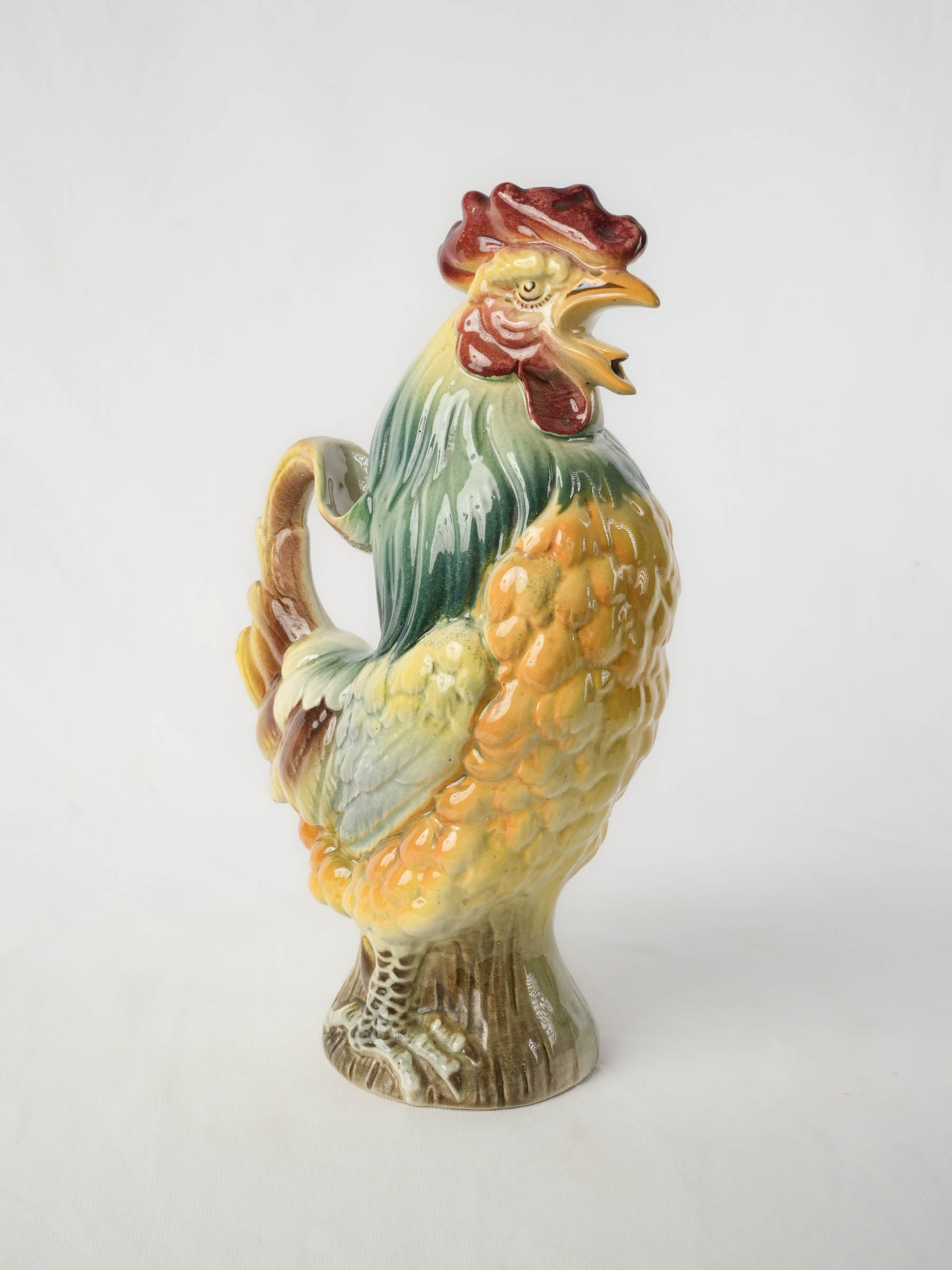 Striking French Saint-Clément Majolica Rooster-Form Pitcher, Early 20th Century - 15"
