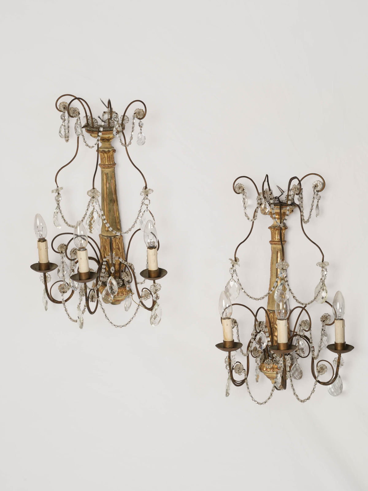 Pair of Large Genoese Giltwood and Cut-Glass Three-Light Sconces, Circa 1900 - 22½" x  14½"