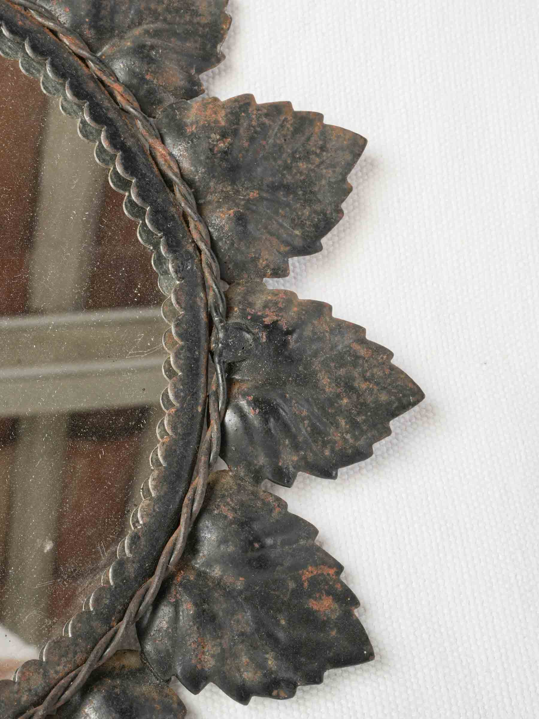 Petite French Tole Sunburst Mirror with Black-Painted Leaf Frame, 1950s, 11"