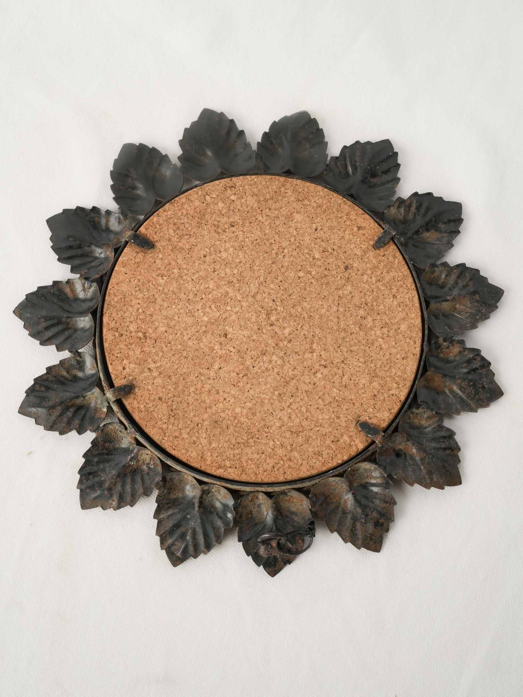 Petite French Tole Sunburst Mirror with Black-Painted Leaf Frame, 1950s, 11"