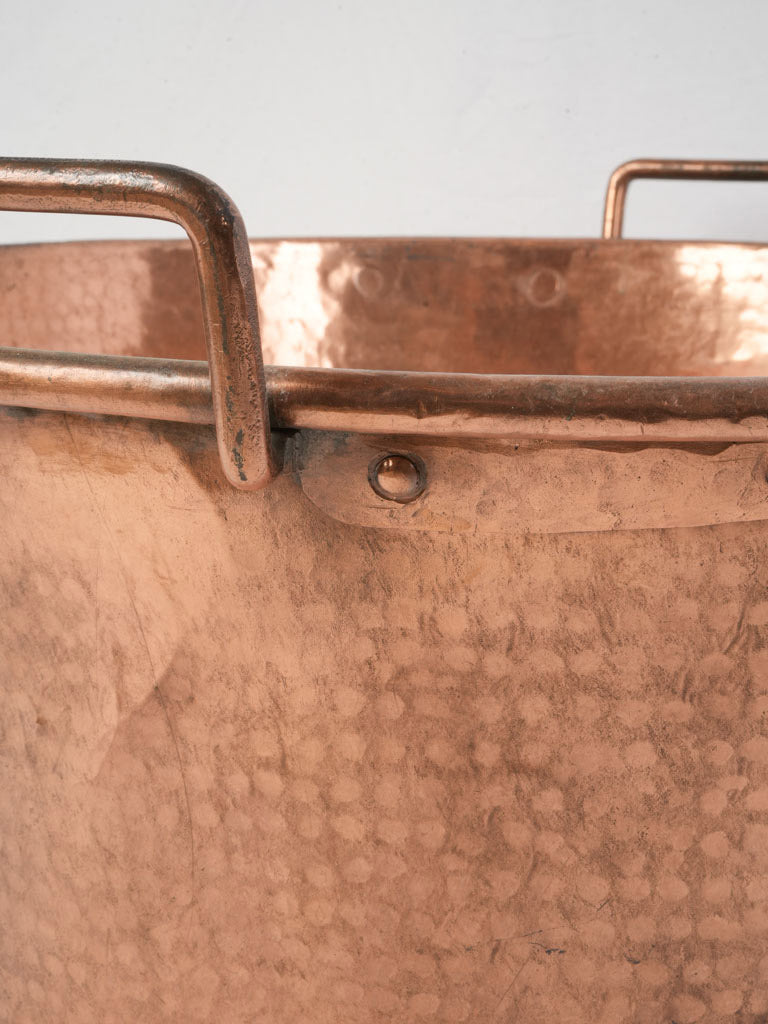 Unique antique copper strap-handled bowl  