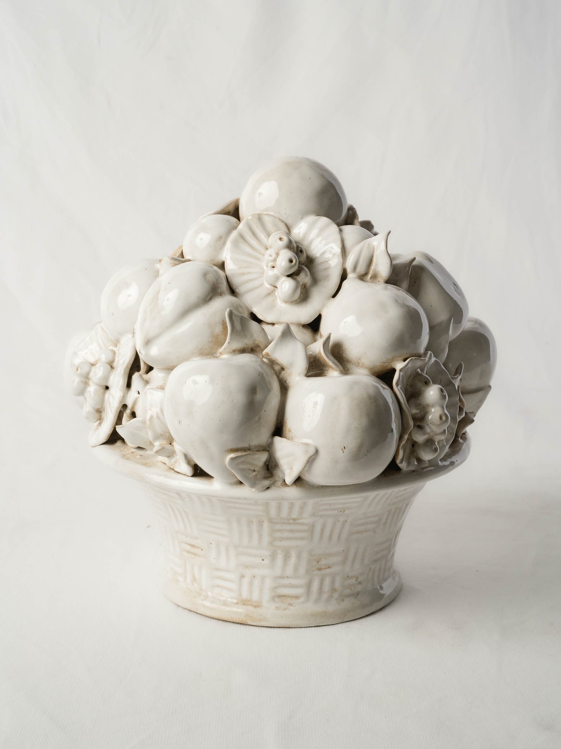 Hand-Modelled Monochrome Glazed Terracotta Fruit Basket Centerpiece, Mid-20th Century - 11½"