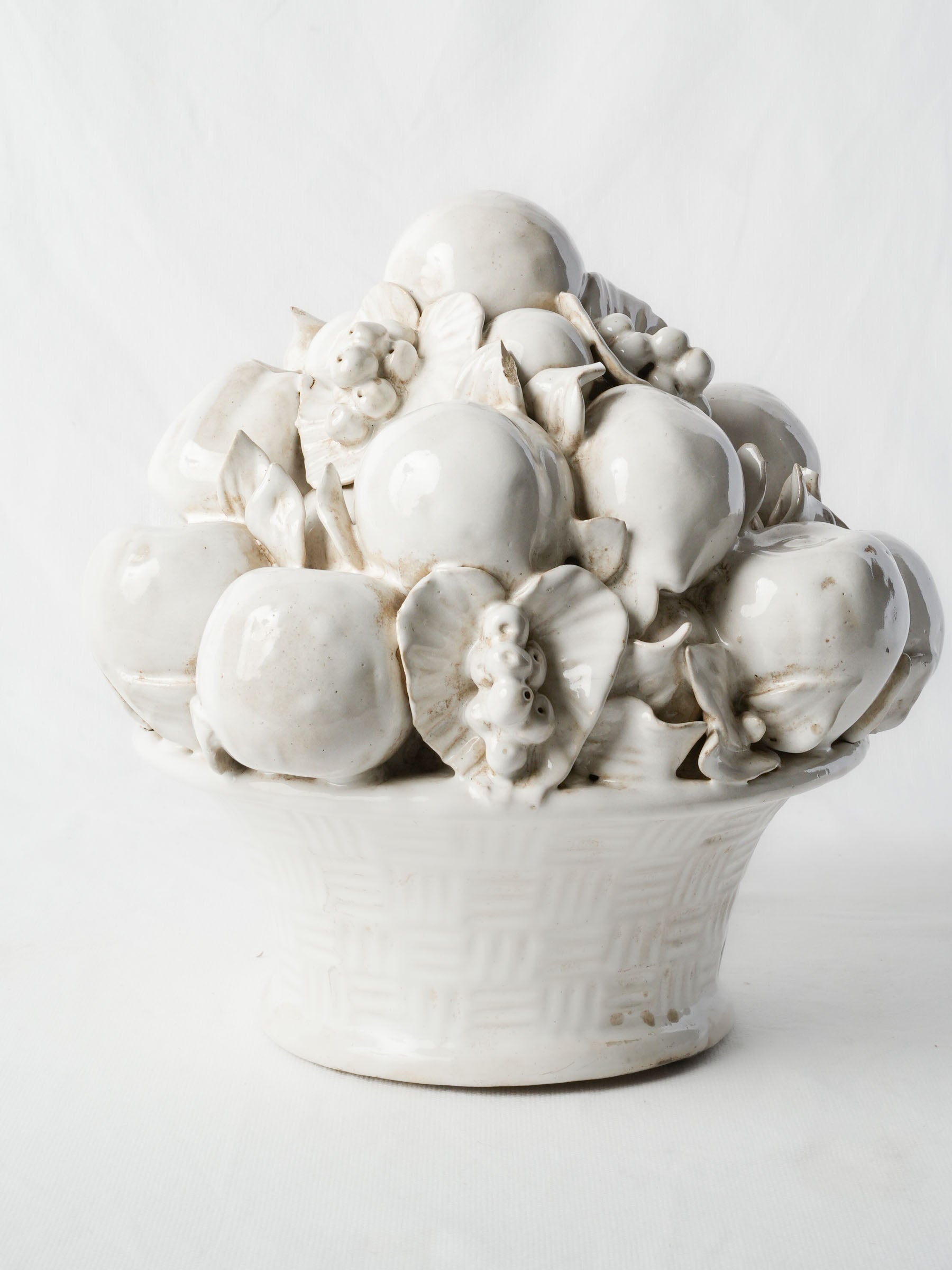 Hand-Modelled Monochrome Glazed Terracotta Fruit Basket Centerpiece, Mid-20th Century - 11½"