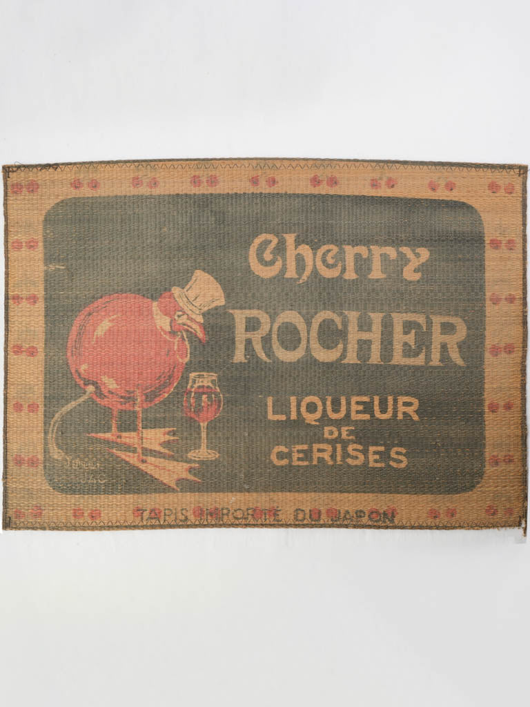 Rare Advertising Card Mat for Cherry Rocher Liqueur in Woven Straw, c. 1900 - 19¼ x 27¼" "