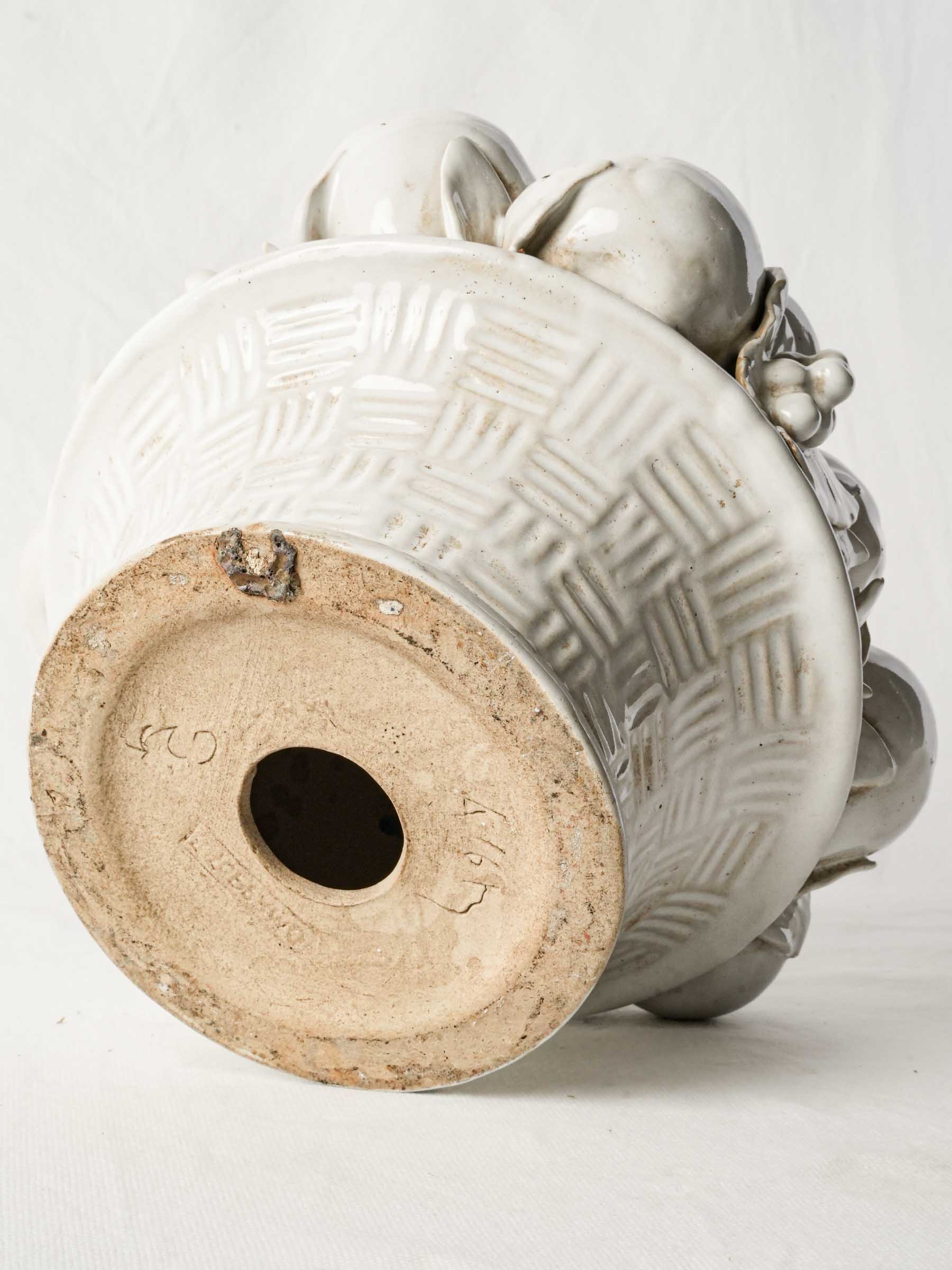 Hand-Modelled Monochrome Glazed Terracotta Fruit Basket Centerpiece, Mid-20th Century - 11½"