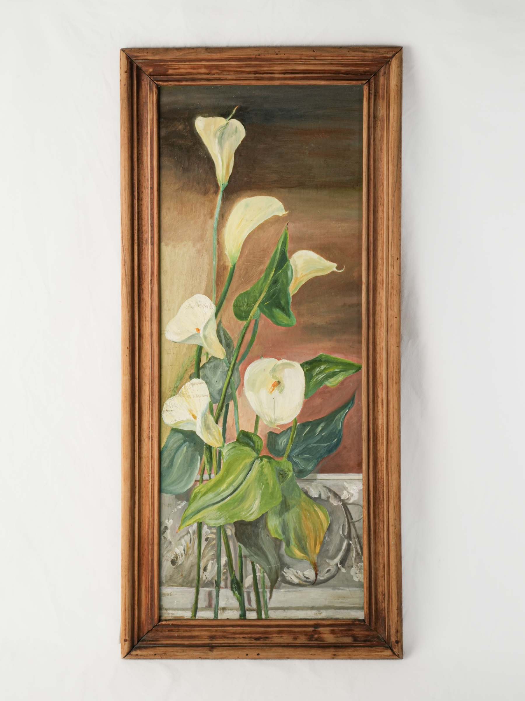 1970s Vertical Oil on Canvas of Calla Lilies in a Natural Wood Frame - 40¼" x 19"