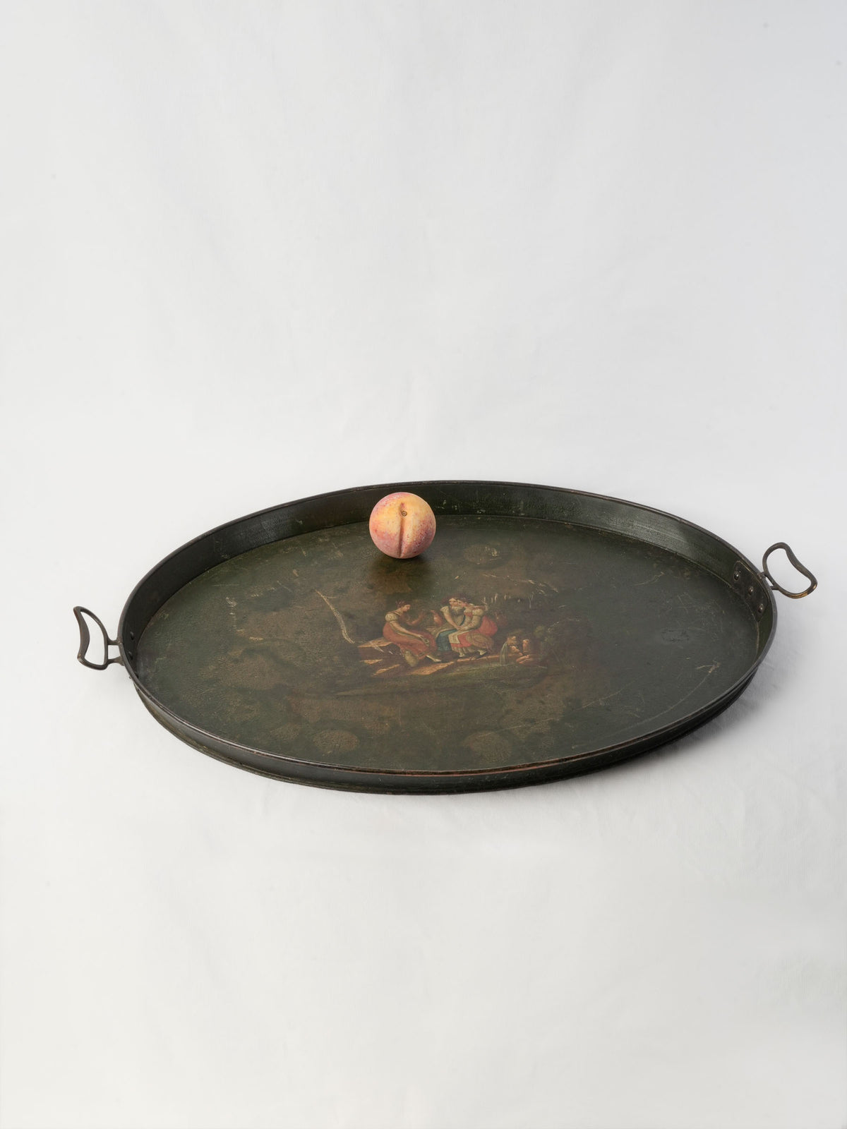 Very Large 19th-Century Painted Tole Tray with Pastoral Scene - 32"