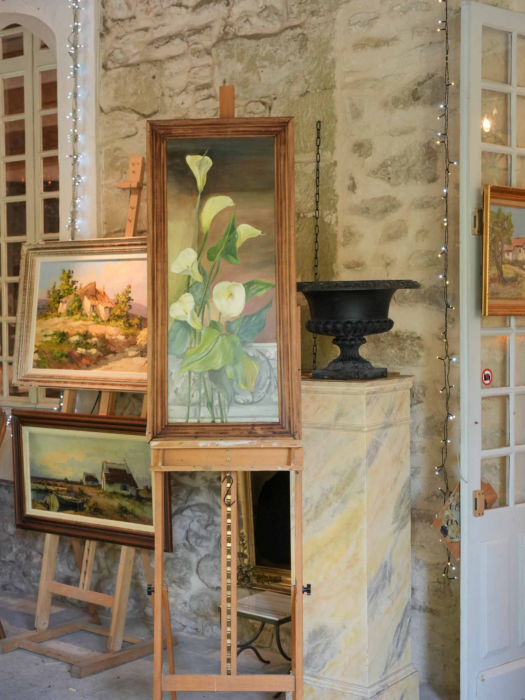 1970s Vertical Oil on Canvas of Calla Lilies in a Natural Wood Frame - 40¼" x 19"