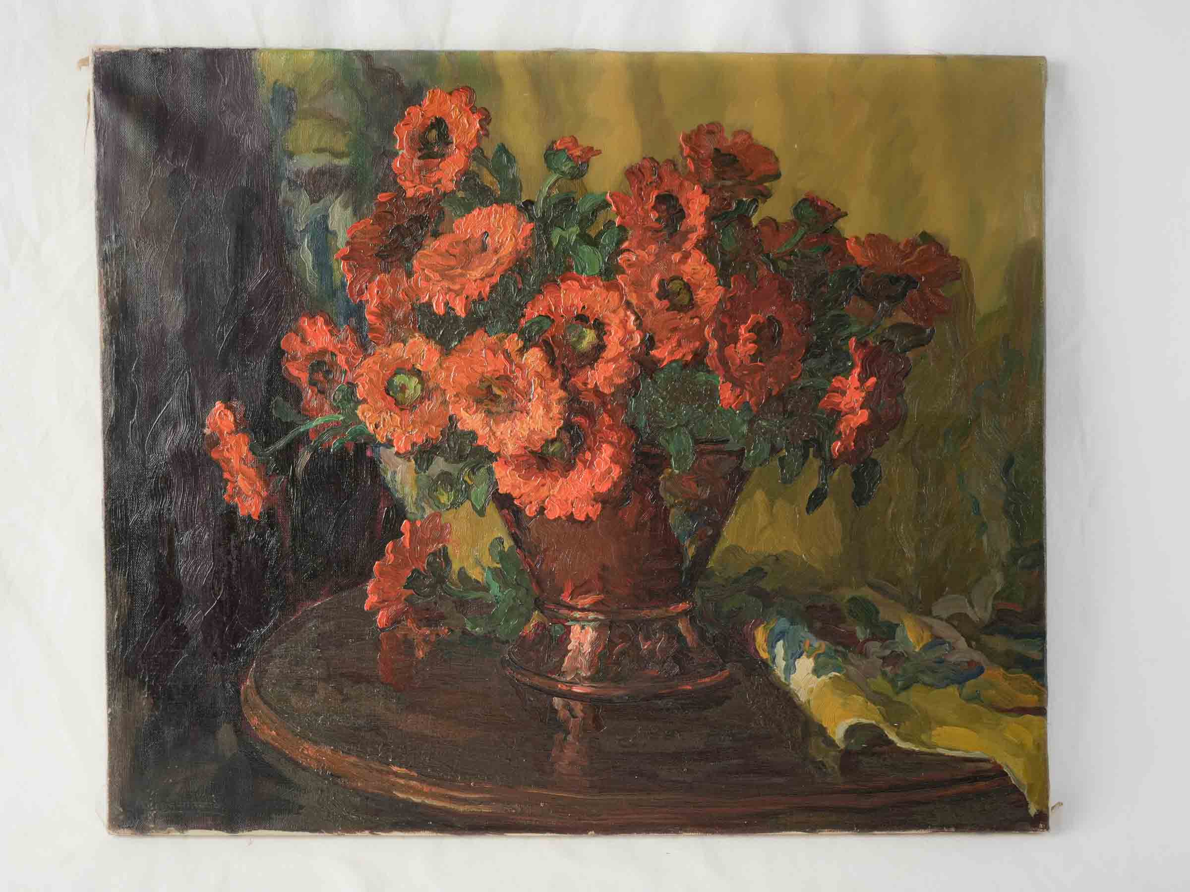 Mid-20th Century Oil on Canvas of Marigolds in a Copper Pot - 21¼" x 25½"