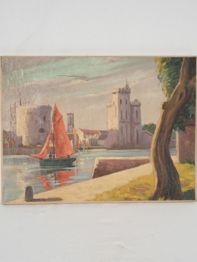 Vintage French oil-on-canvas port painting