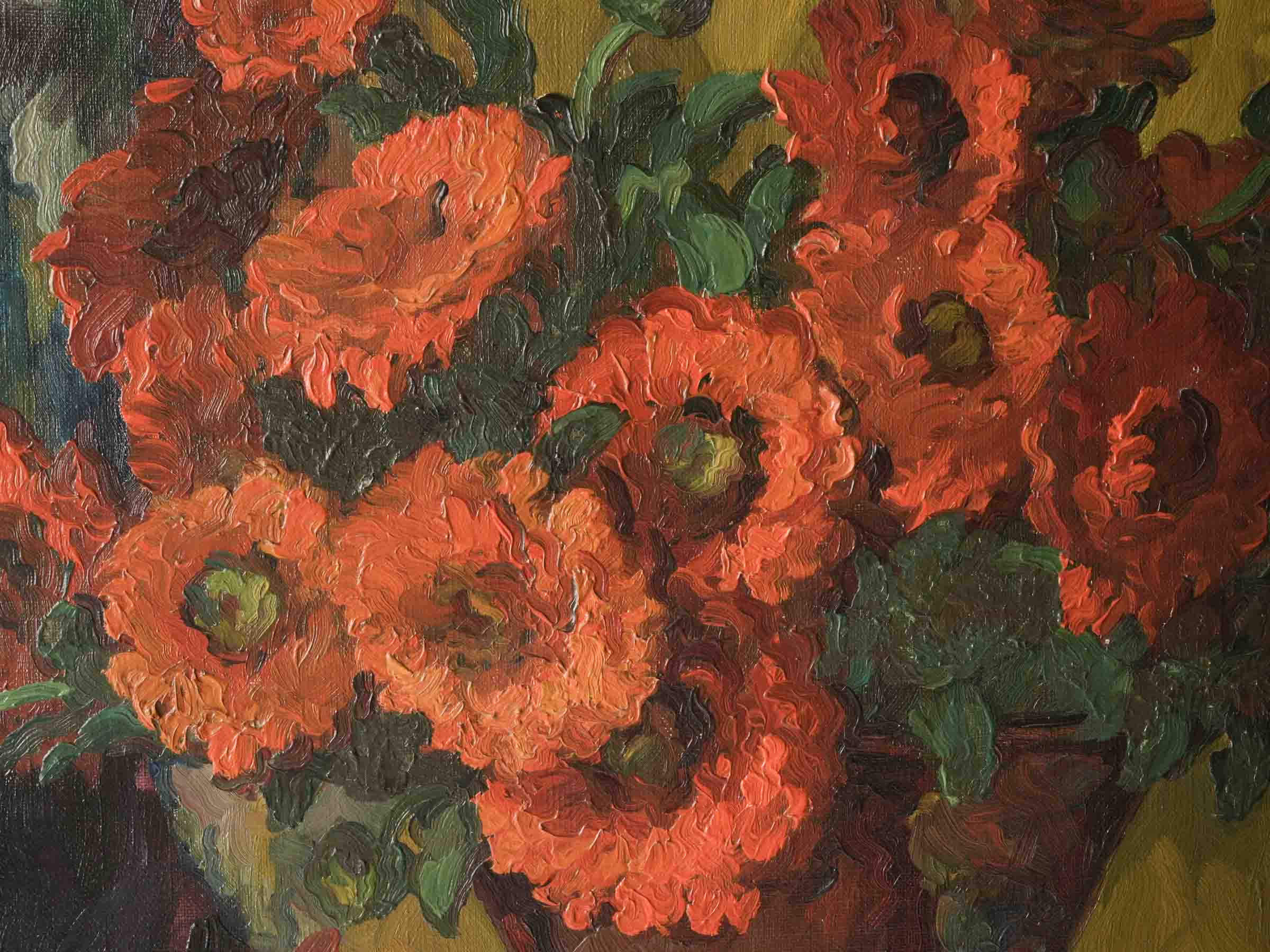 Mid-20th Century Oil on Canvas of Marigolds in a Copper Pot - 21¼" x 25½"