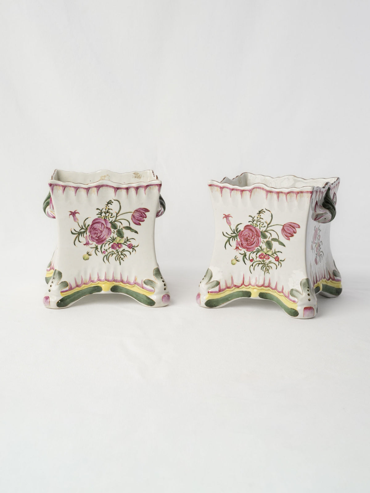 Pair of Hand-Painted Faience Rococo-Style Flower Holders, c. 1900