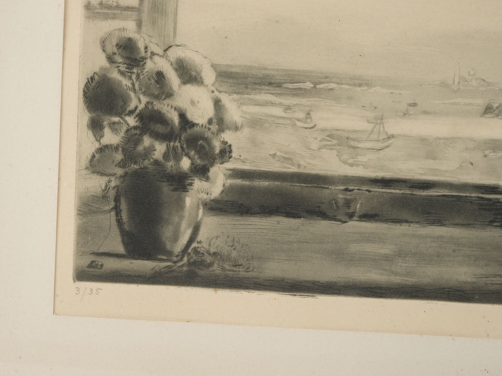 Patina-enhanced grayscale seascape artwork  