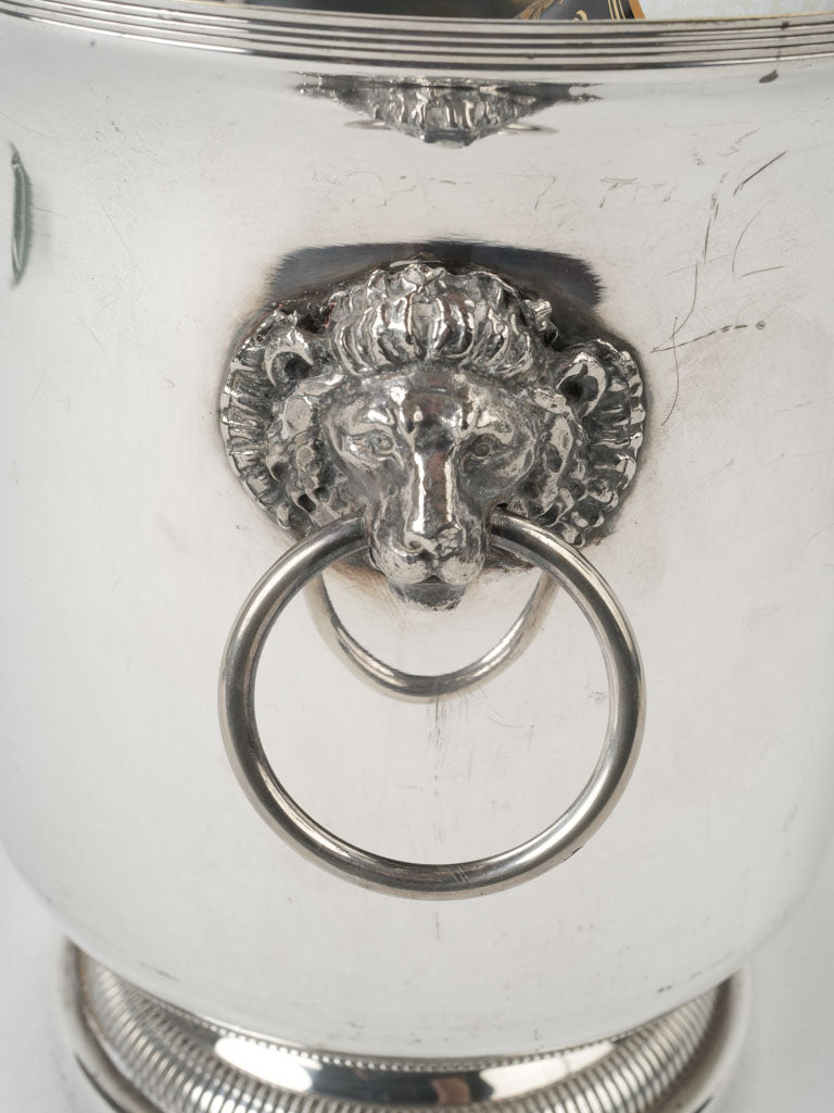 19thcentury French silver plate ice bucket w/ lion heads holding loop Chez Pluie