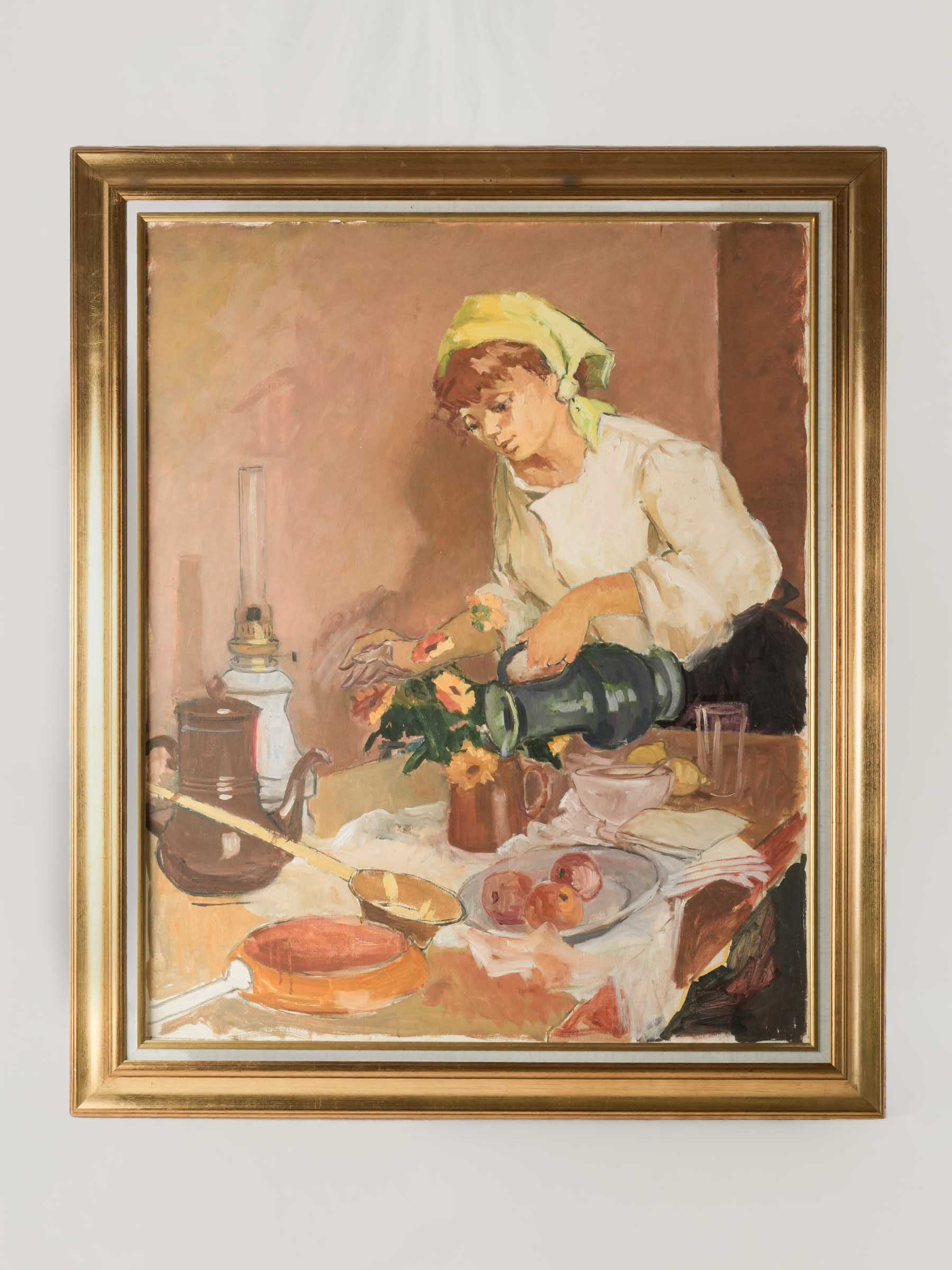 Large Contemporary Oil on Canvas of a French Country Kitchen Scene with Young Woman - 43¼" x 37¾"