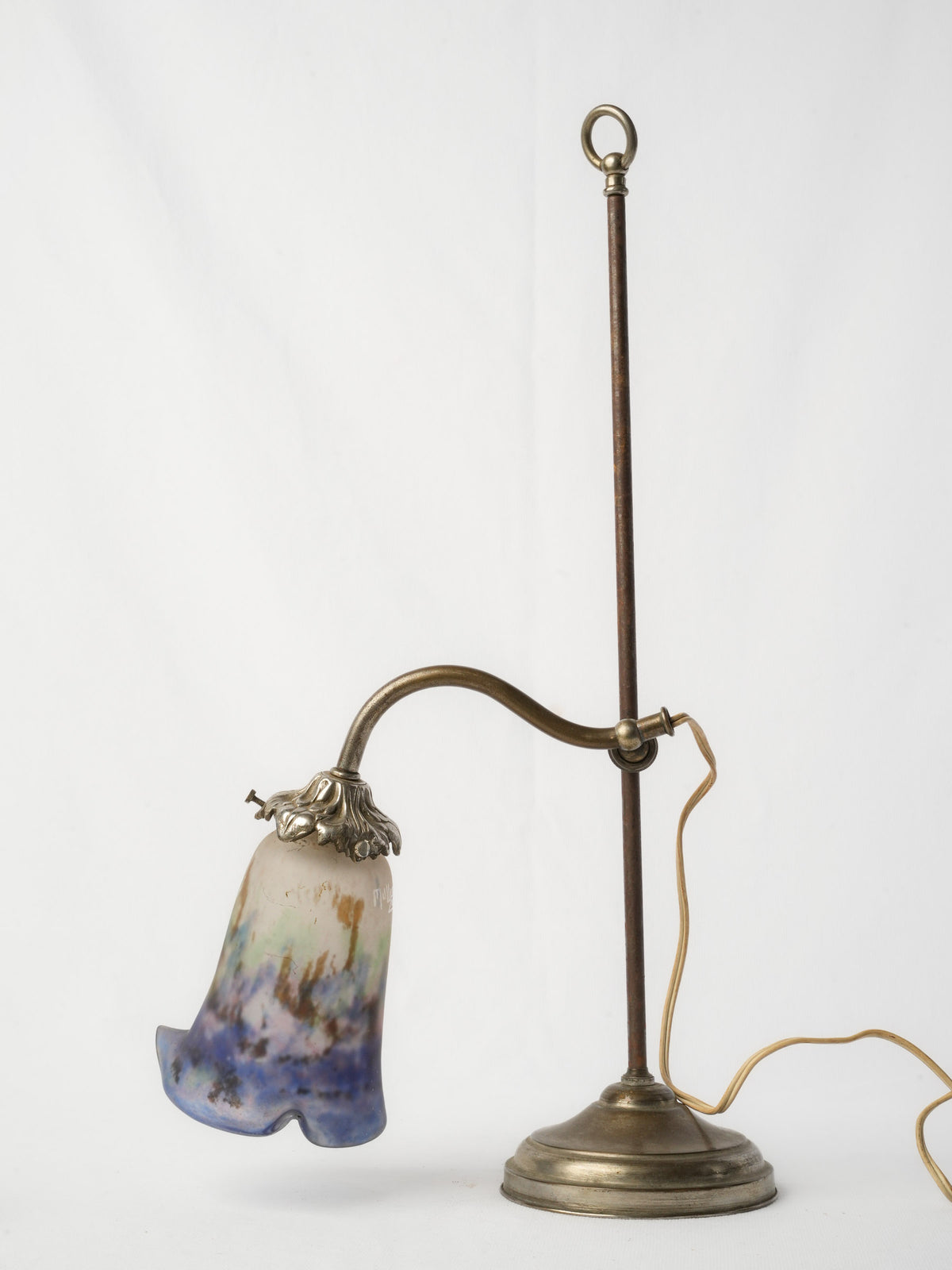 French Art Nouveau Adjustable Desk Lamp with Signed Muller Lunéville Pâte-de-Verre Shade - 21¼"