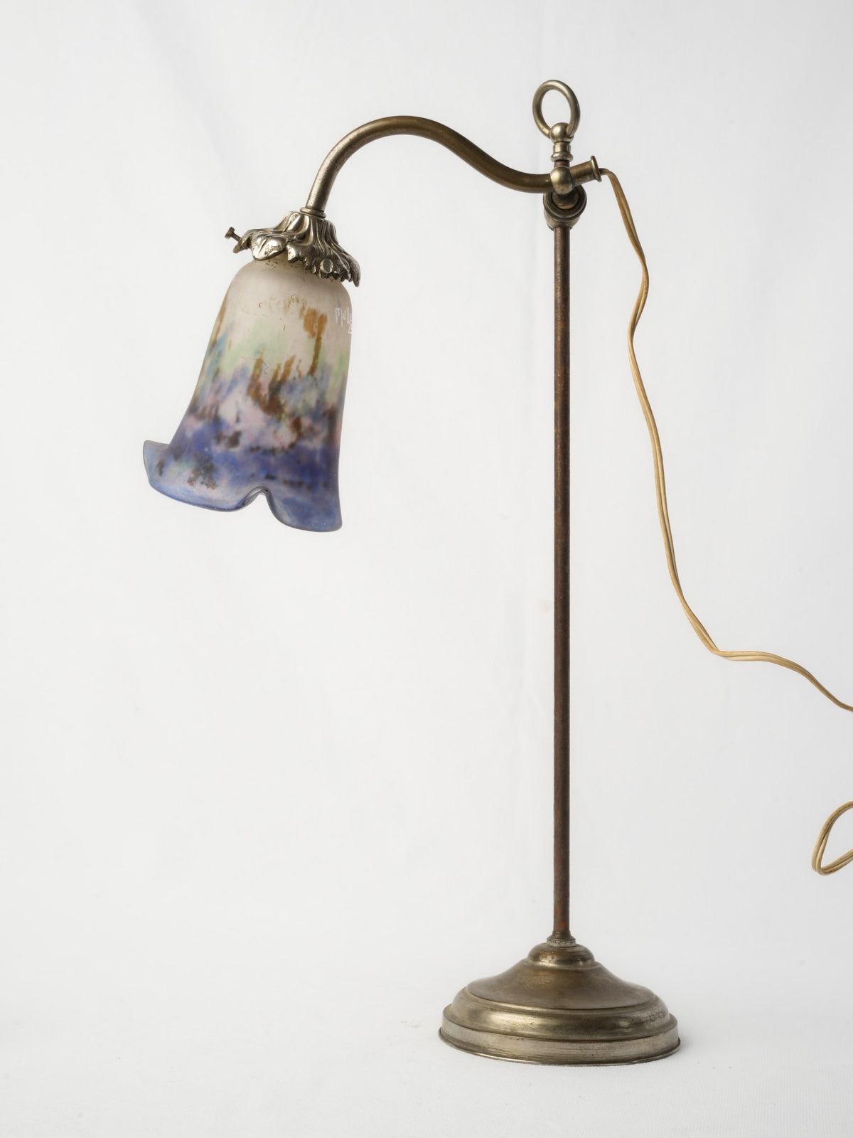 French Art Nouveau Adjustable Desk Lamp with Signed Muller Lunéville Pâte-de-Verre Shade - 21¼"