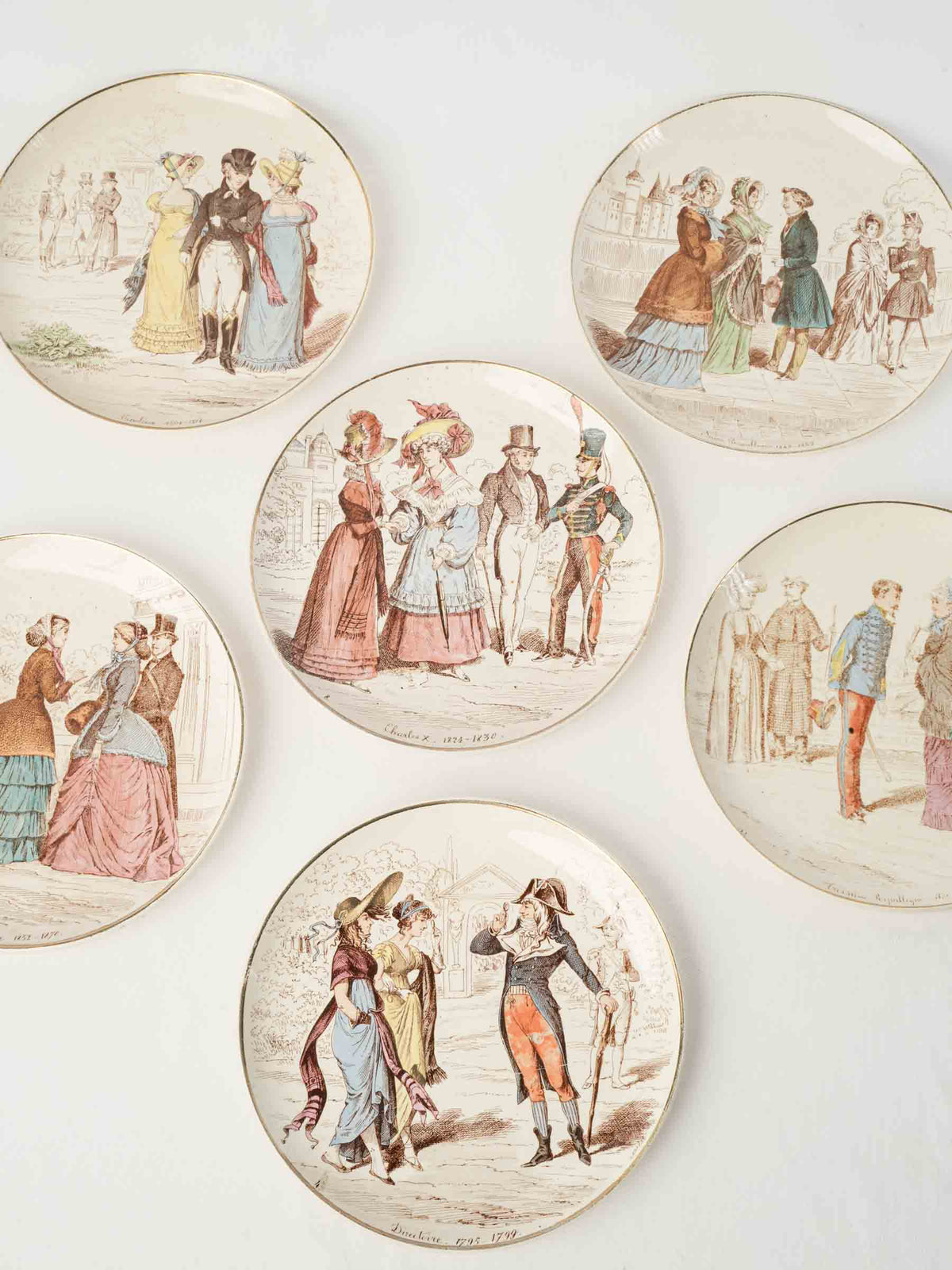 Set of Six Antique Illustrated Ironstone Dessert Plates - La Mode depuis cent ans - 8¼"