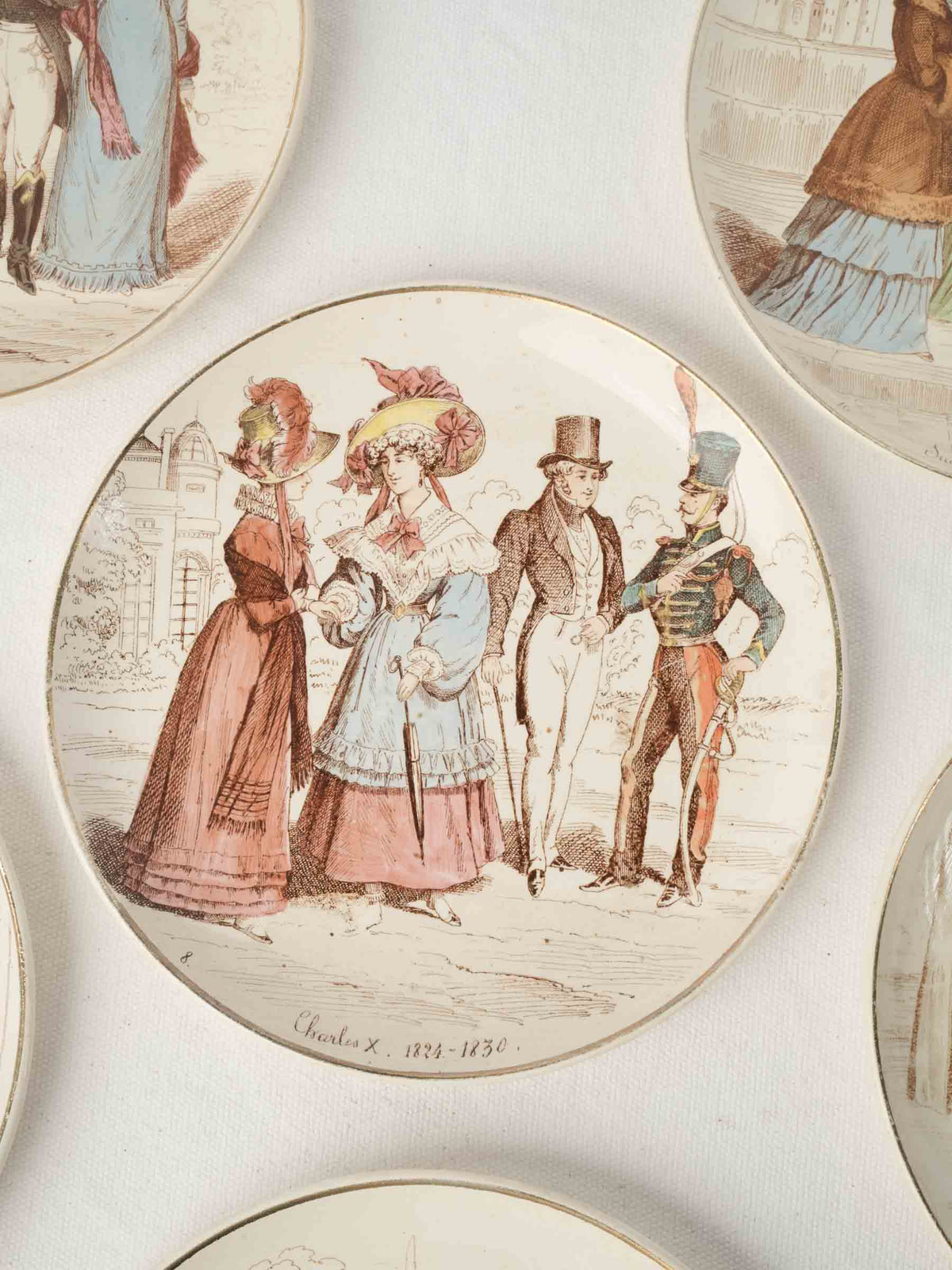 Set of Six Antique Illustrated Ironstone Dessert Plates - La Mode depuis cent ans - 8¼"