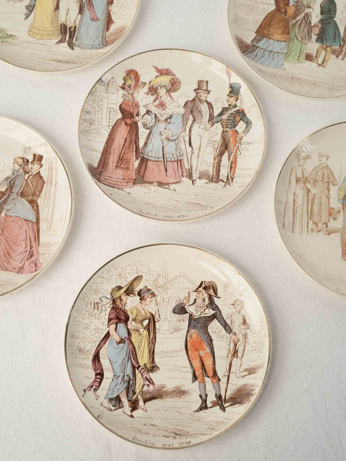 Set of Six Antique Illustrated Ironstone Dessert Plates - La Mode depuis cent ans - 8¼"