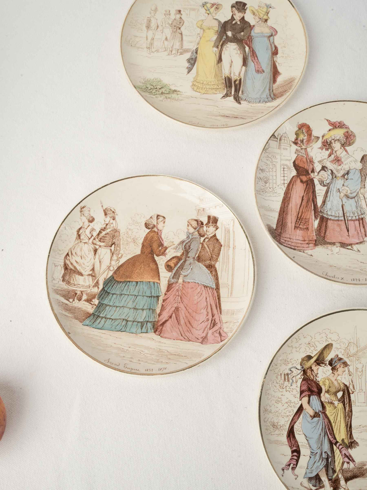 Set of Six Antique Illustrated Ironstone Dessert Plates - La Mode depuis cent ans - 8¼"