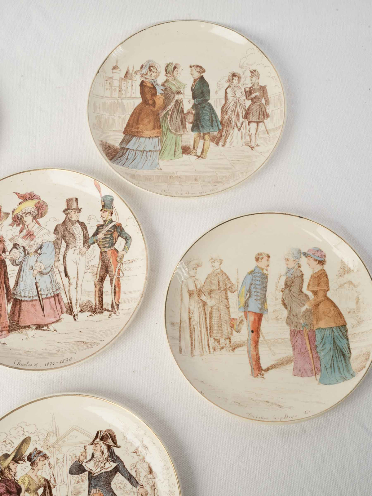 Set of Six Antique Illustrated Ironstone Dessert Plates - La Mode depuis cent ans - 8¼"