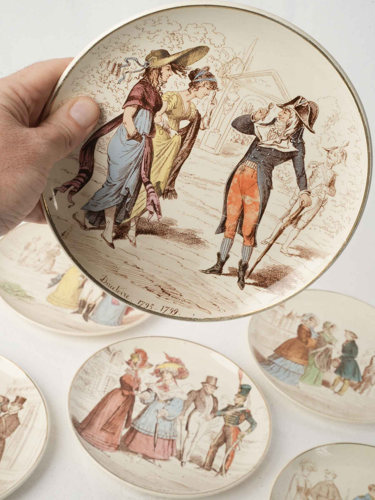 Set of Six Antique Illustrated Ironstone Dessert Plates - La Mode depuis cent ans - 8¼"
