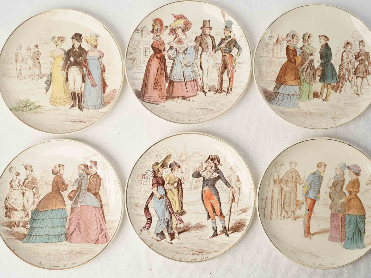 Set of Six Antique Illustrated Ironstone Dessert Plates - La Mode depuis cent ans - 8¼"