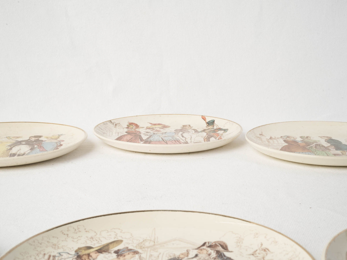 Set of Six Antique Illustrated Ironstone Dessert Plates - La Mode depuis cent ans - 8¼"