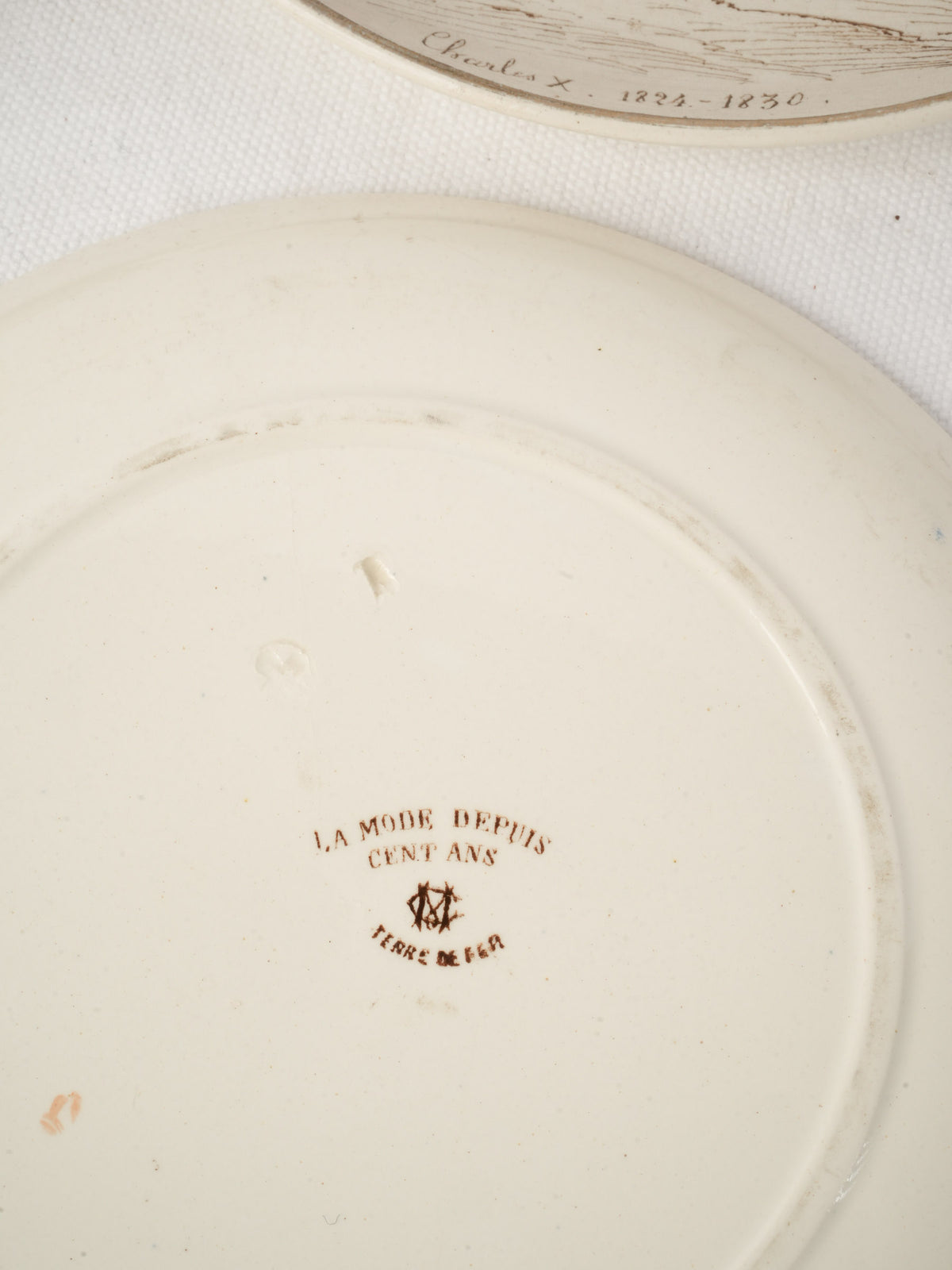 Set of Six Antique Illustrated Ironstone Dessert Plates - La Mode depuis cent ans - 8¼"
