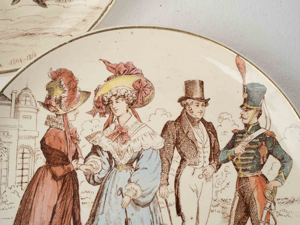 Set of Six Antique Illustrated Ironstone Dessert Plates - La Mode depuis cent ans - 8¼"