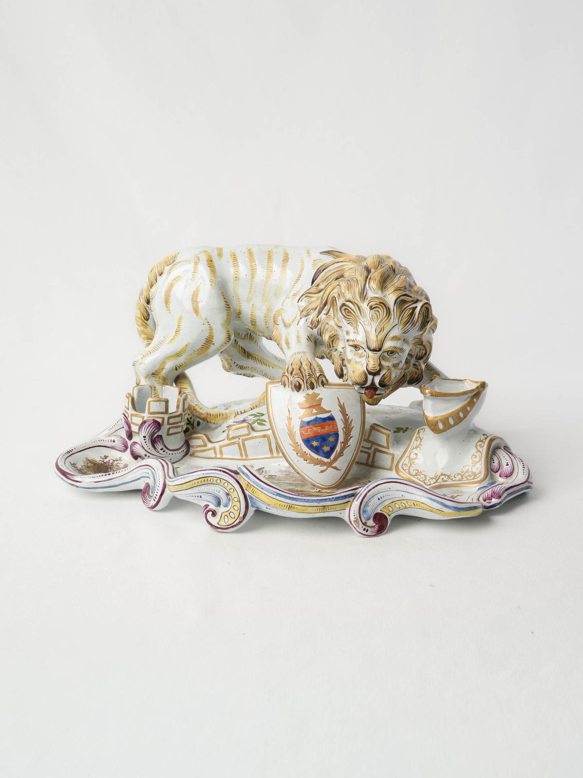 Sculptural 19th-Century Faience Inkwell w/ Heraldic Lion, Possibly by Émile Gallé - 6¾" x 14½"