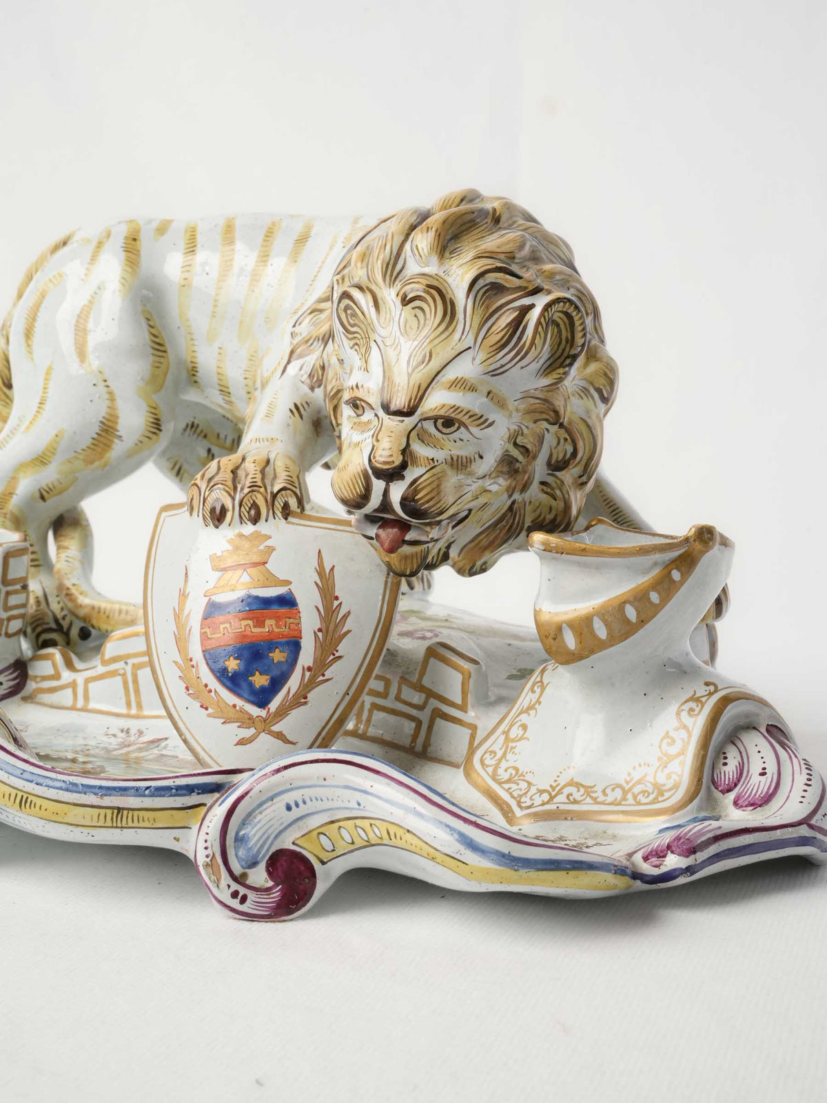 Sculptural 19th-Century Faience Inkwell w/ Heraldic Lion, Possibly by Émile Gallé - 6¾" x 14½"