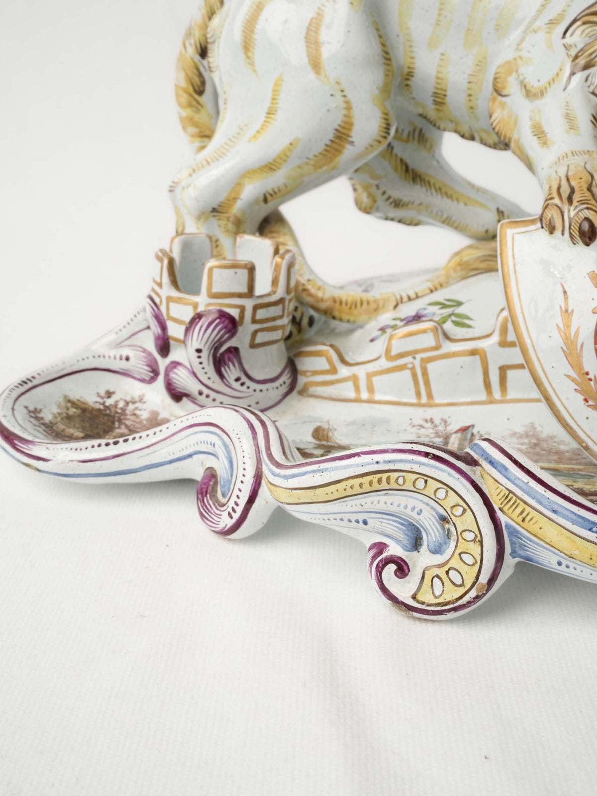 Sculptural 19th-Century Faience Inkwell w/ Heraldic Lion, Possibly by Émile Gallé - 6¾" x 14½"