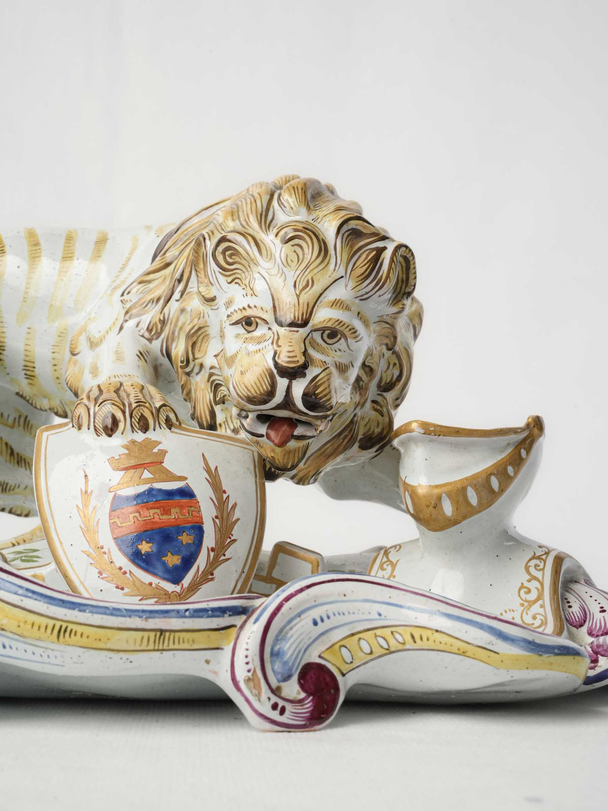 Sculptural 19th-Century Faience Inkwell w/ Heraldic Lion, Possibly by Émile Gallé - 6¾" x 14½"