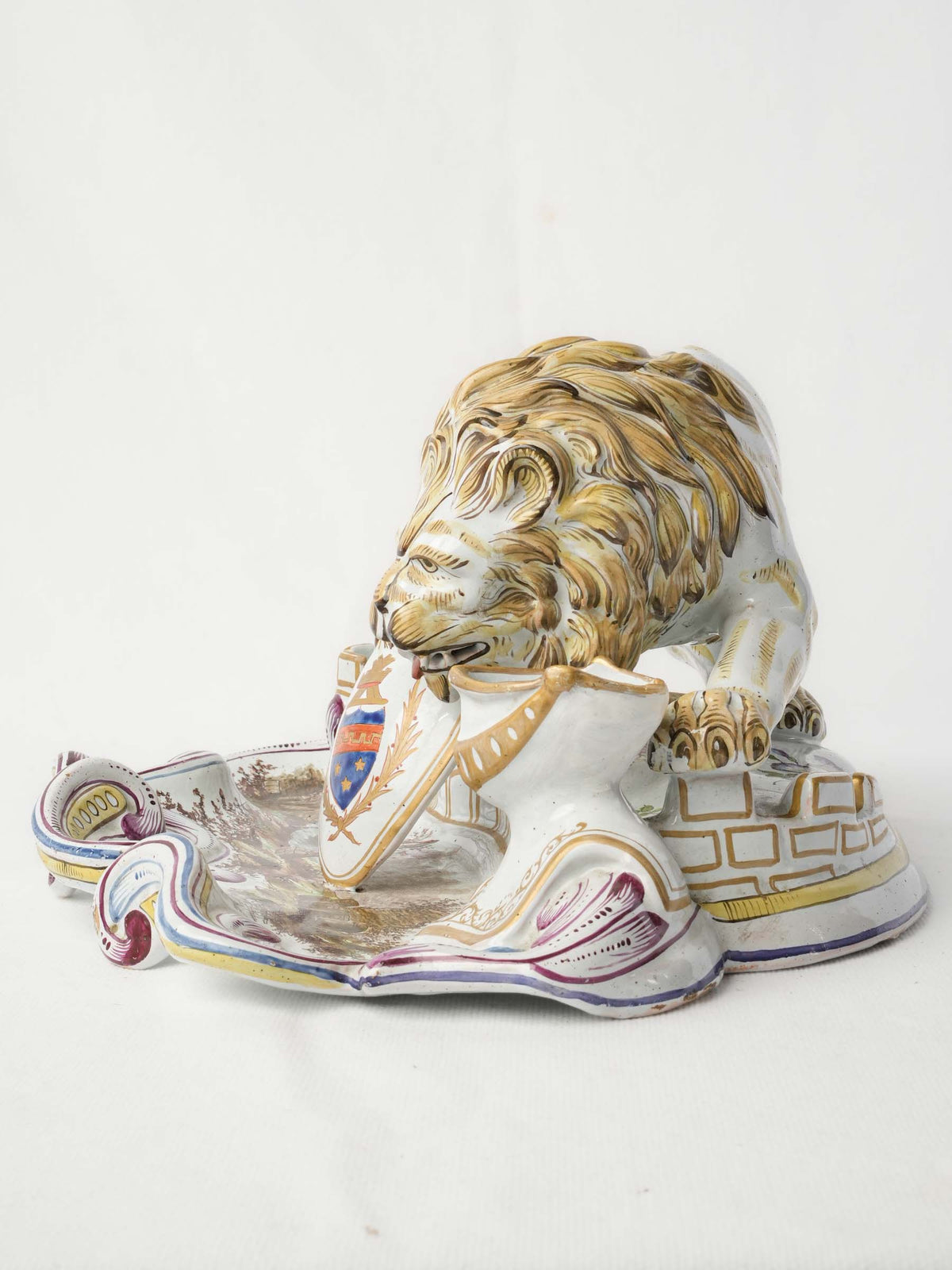 Sculptural 19th-Century Faience Inkwell w/ Heraldic Lion, Possibly by Émile Gallé - 6¾" x 14½"