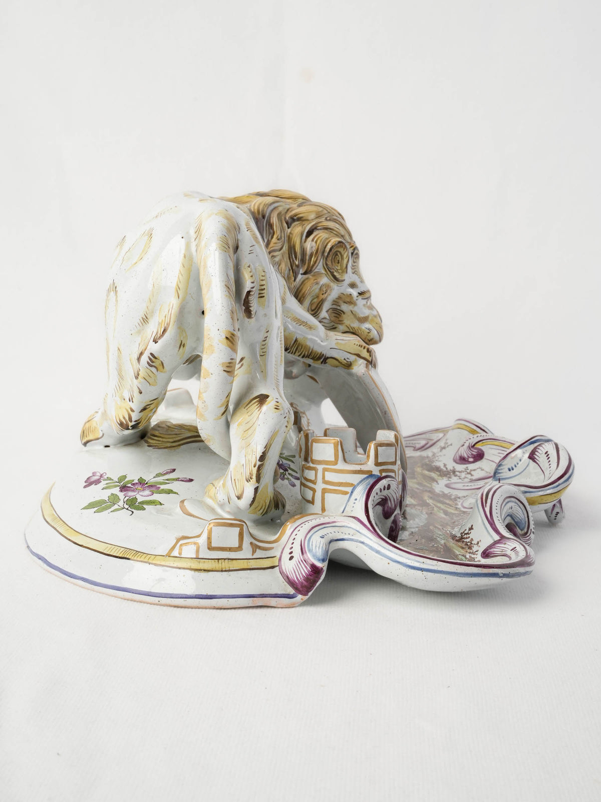Sculptural 19th-Century Faience Inkwell w/ Heraldic Lion, Possibly by Émile Gallé - 6¾" x 14½"