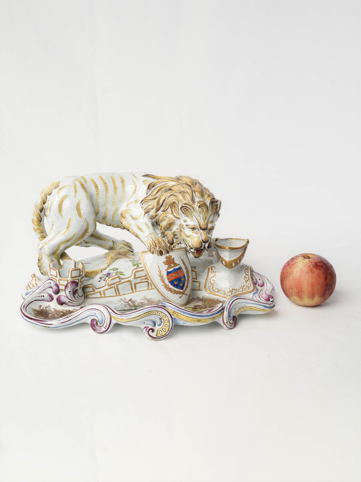 Sculptural 19th-Century Faience Inkwell w/ Heraldic Lion, Possibly by Émile Gallé - 6¾" x 14½"
