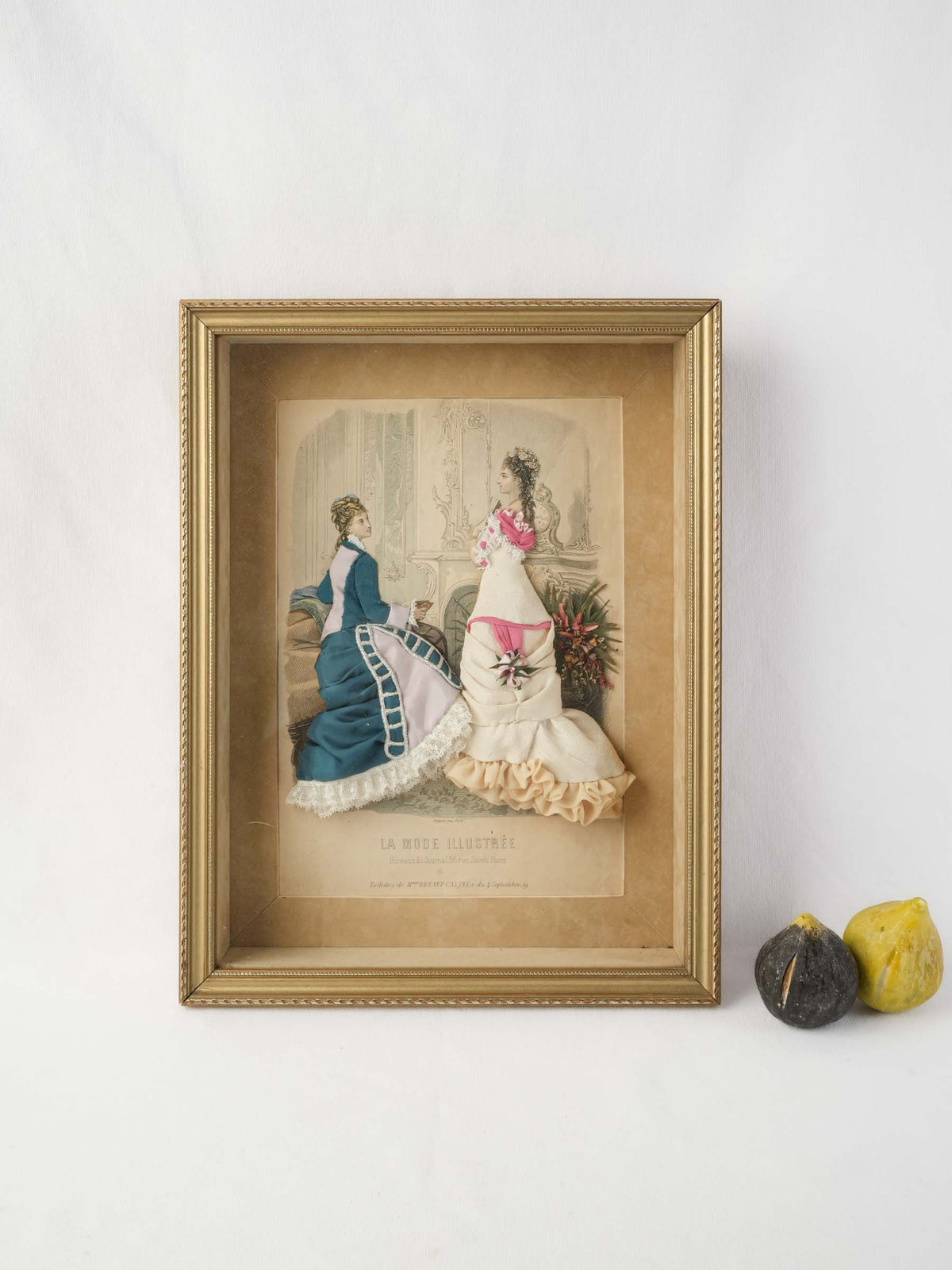 Late 19th-Century French Fabric-Embellished Fashion Plate - 17¼" x  13½"