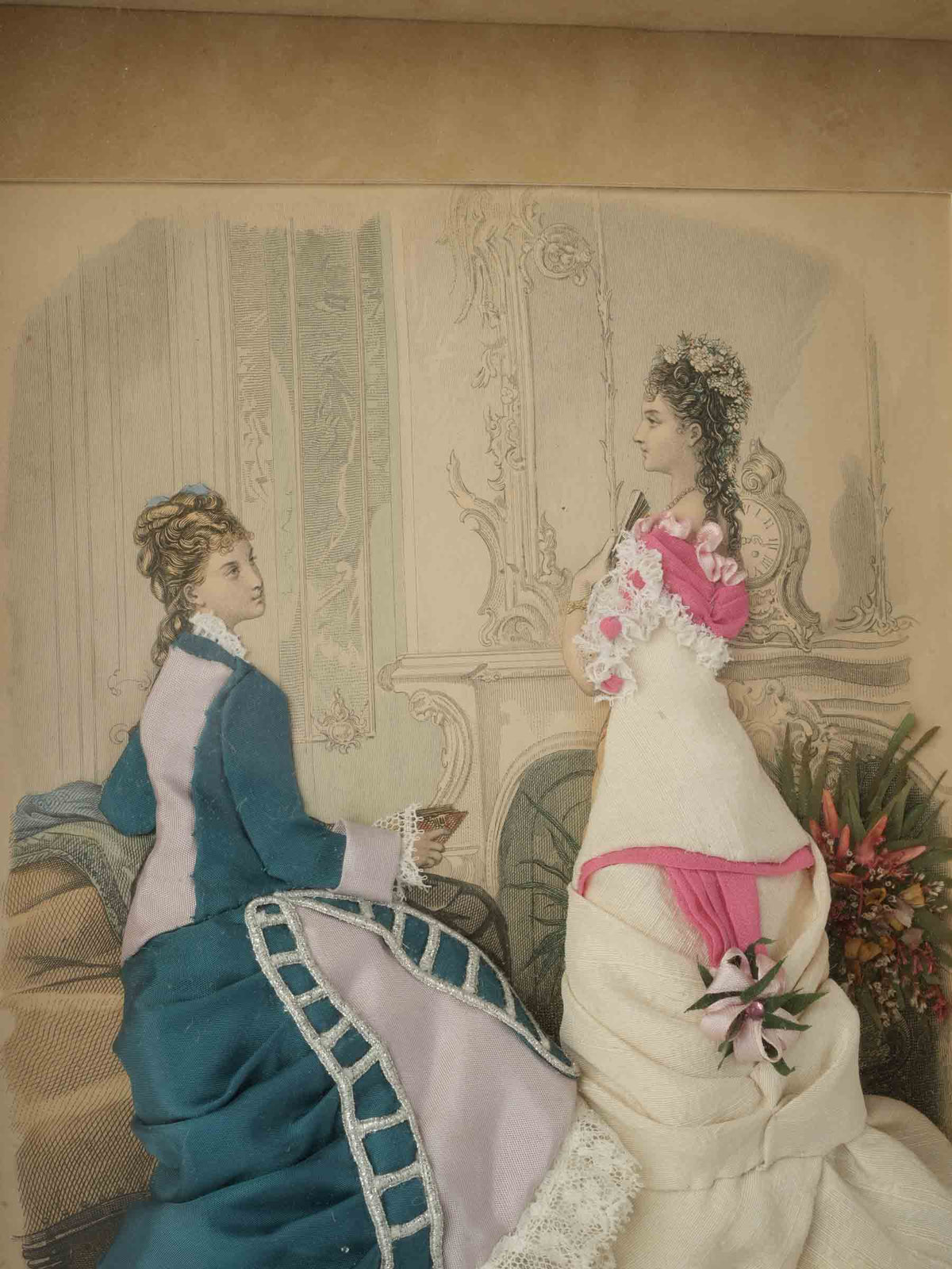Late 19th-Century French Fabric-Embellished Fashion Plate - 17¼" x  13½"
