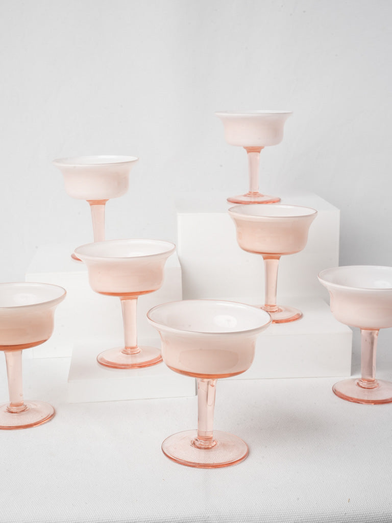 Set Of 7 Vintage Opaline Dessert Coupes On Rose Glass Stems - 4¾"