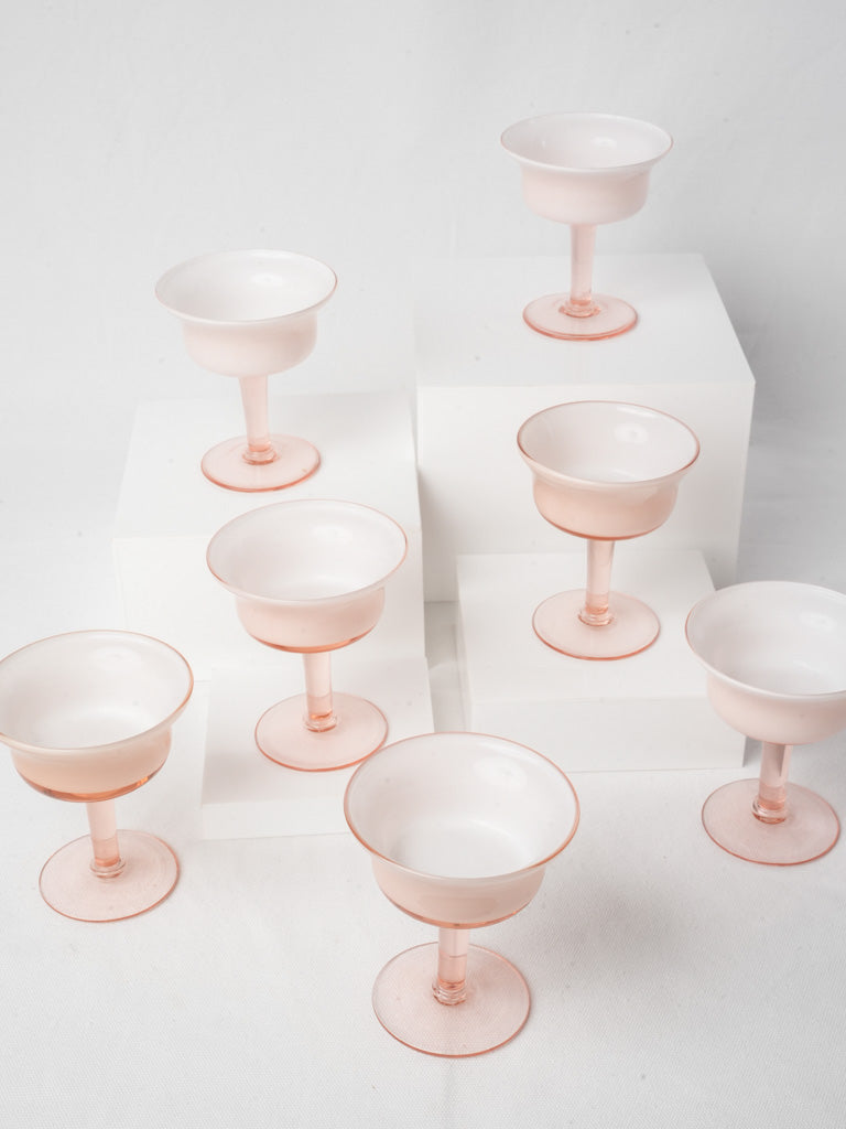 Set Of 7 Vintage Opaline Dessert Coupes On Rose Glass Stems - 4¾"