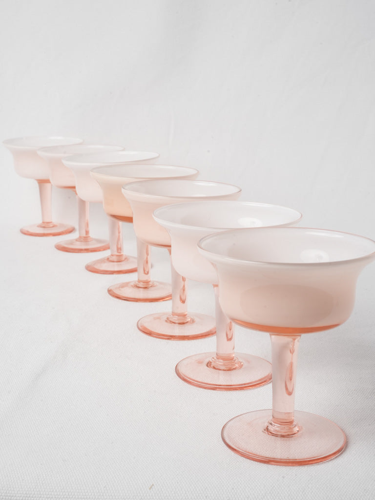Set Of 7 Vintage Opaline Dessert Coupes On Rose Glass Stems - 4¾"
