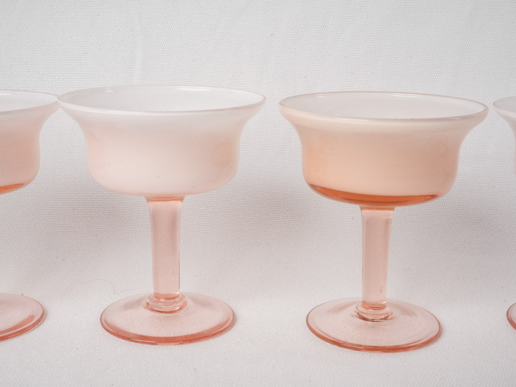 Set Of 7 Vintage Opaline Dessert Coupes On Rose Glass Stems - 4¾"