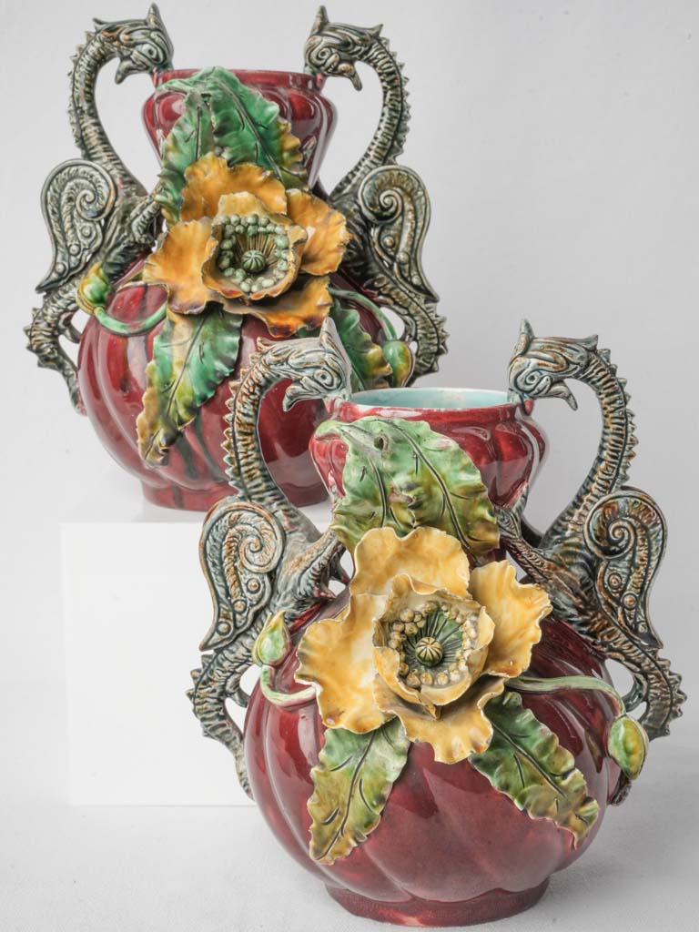 Striking Art Nouveau Pair Of Majolica Vases W/ Poppies and Dragon Handles Circa 1900 - 10¾"