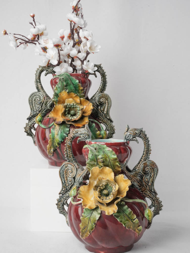 Striking Art Nouveau Pair Of Majolica Vases W/ Poppies and Dragon Handles Circa 1900 - 10¾"